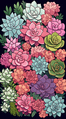 Colorful succulent flower arrangement in decorative pattern  