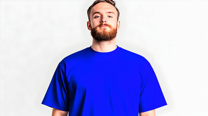 Man in a vibrant blue t-shirt