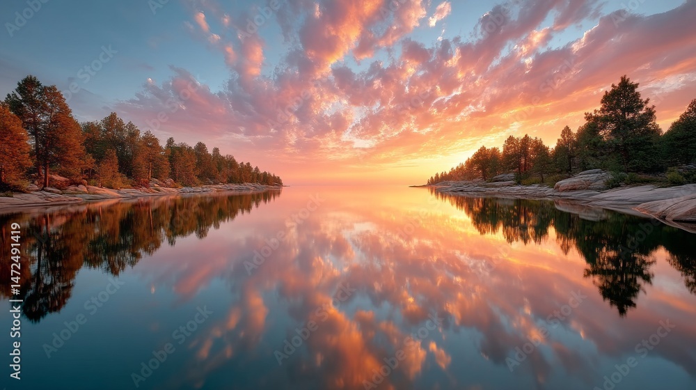 Poster calm waters of the lake mirror a colorful sunset sky filled with clouds. lush trees line the shore, 