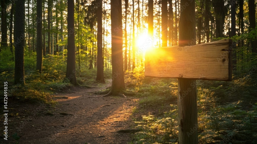 Poster A rustic wooden signpost stands at a forest trail, bathed in the warm golden light of a setting sun, inviting exploration. : Generative AI