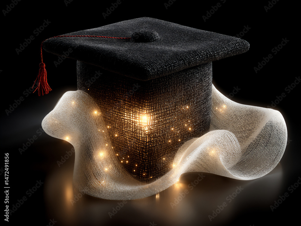 Poster an abstract 3d rendering of a black square with a radiating golden light, accompanied by a white scr