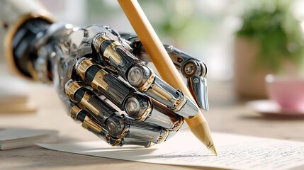 Fototapeta premium Robotic hand writing on paper with pencil. Technology and artificial intelligence concept. Modern.