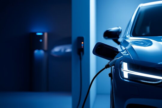 Electric vehicle being charged at a charging station in a modern automotive environment