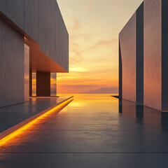 Innovative minimalist architectural design illuminated by the warm glow of sunrise, showcasing creative structures and their harmonious surroundings. Creative concrete building background