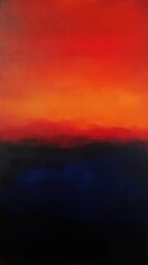 Obraz premium Abstract painting featuring a warm orange and red gradient sky over a dark blue and black horizon.
