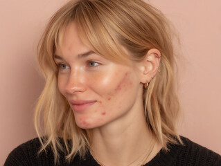 Naklejka premium a split-screen photograph showing a close-up profile of a young woman with acne on one side and clear skin on the other against a gradient pink background.