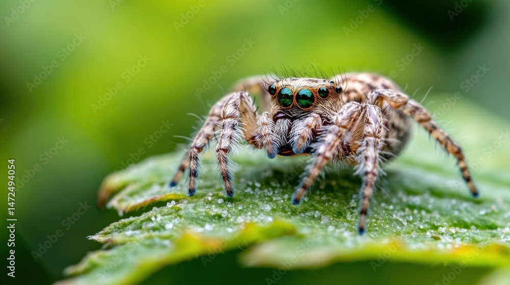 Poster close-up view of a vibrant jumping spider with iridescent green eyes perched on a dew-covered leaf i