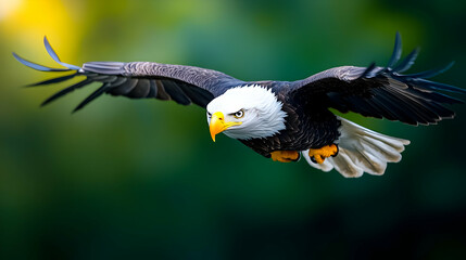 Obraz premium Majestic bald eagle in flight, wings spread wide, intense gaze