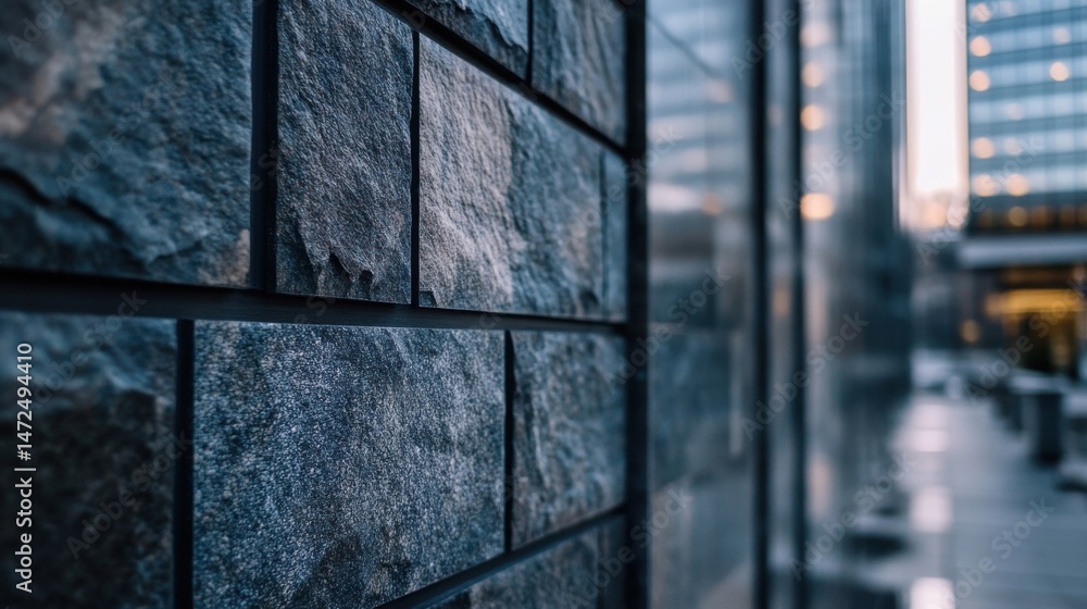 Aufkleber close-up view of a dark gray stone wall, showing textured rectangular blocks, with a blurred city ba
