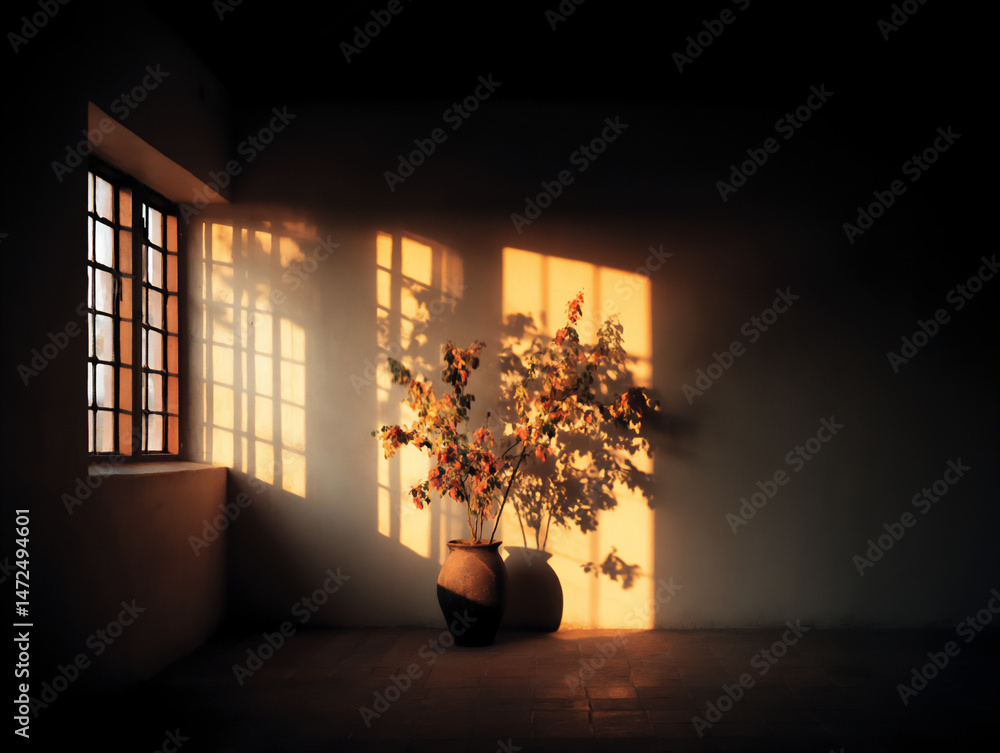 Poster a symbolic backlighting photograph of a single flower in a vase by a window, its delicate form highl