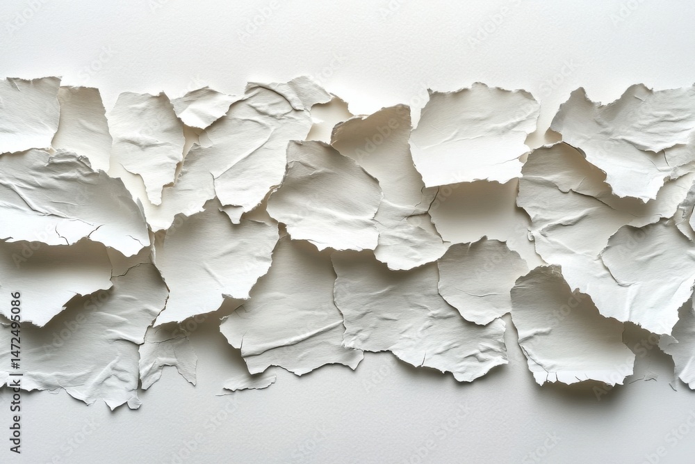 Leinwandbilder Abstract image of many off-white, irregularly shaped paper pieces, layered and overlapping, creating a textured horizontal band against a light beige background. : Generative AI