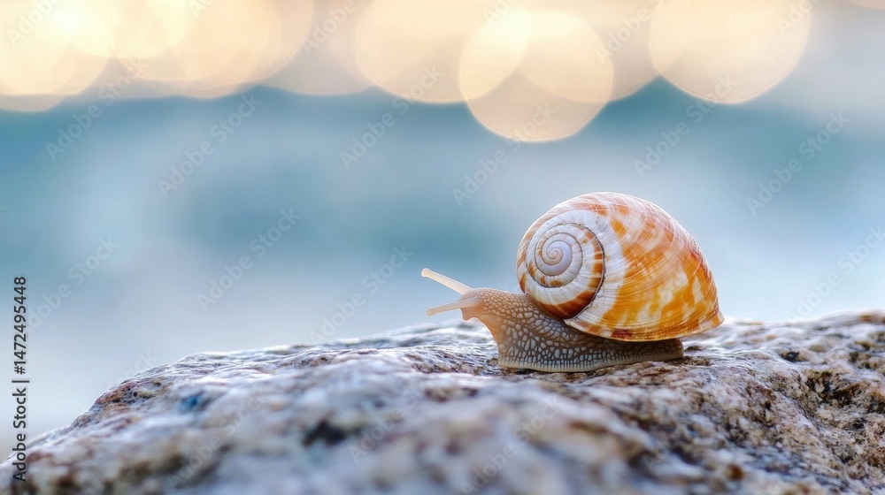 Poster a snail with a spiral shell slowly moves across a sunlit rock near the ocean, its journey a symbol o