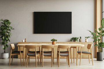 3D rendering of a minimalistic interior design with a light wooden wall and a modern kitchen counter