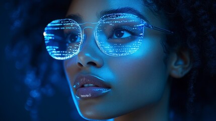 Glowing digital reflection in glasses of a woman in vivid blue lighting