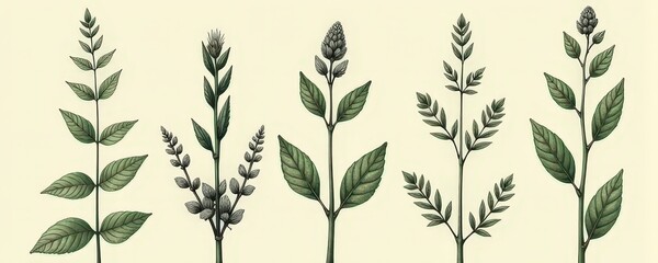 Naklejka premium Illustrated botanical collection of various leafy plant specimens with seed pods and flowers.