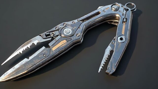 Metal multi-tool with pliers and opened tools.