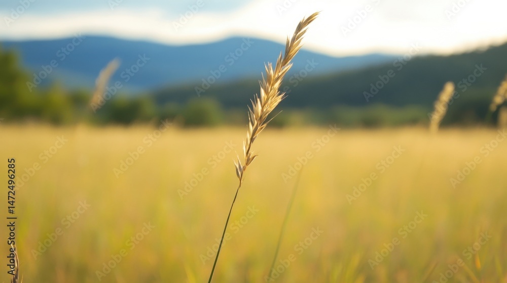Aufkleber single stalk of golden wheat stands tall in a sunlit field, mountains softly blurred in the backgrou