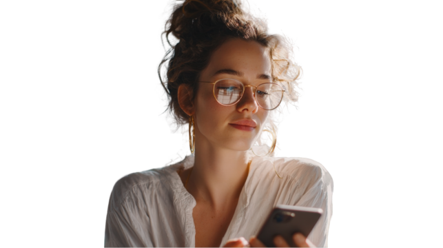 Young woman with curly hair using smartphone stylish glasses casual white shirt modern lifestyle technology digital on transparent background girl pose