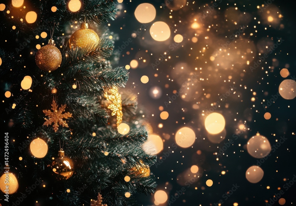 Poster close-up of a decorated christmas tree with gold ornaments and sparkling bokeh lights, creating a fe
