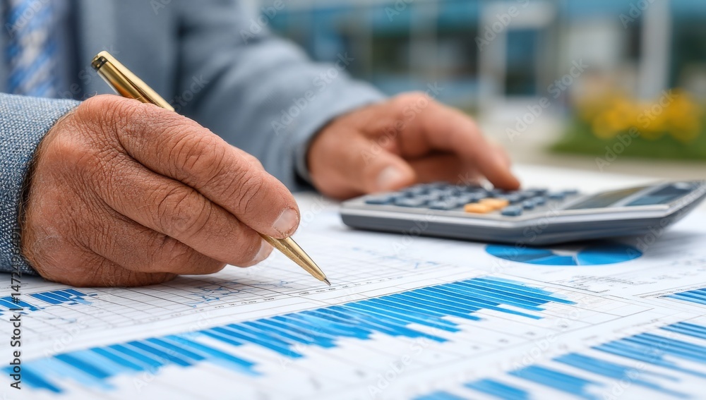 Poster a senior businessman's hands meticulously analyze financial charts and graphs using a calculator and