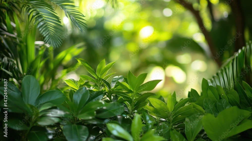 Poster lush green foliage in a tropical garden, sunlight filtering through leaves, creating a vibrant and s