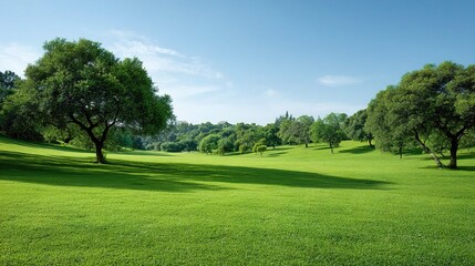 Naklejka premium Open Green Lawn with Scattered Trees on a Bright Sunny Day