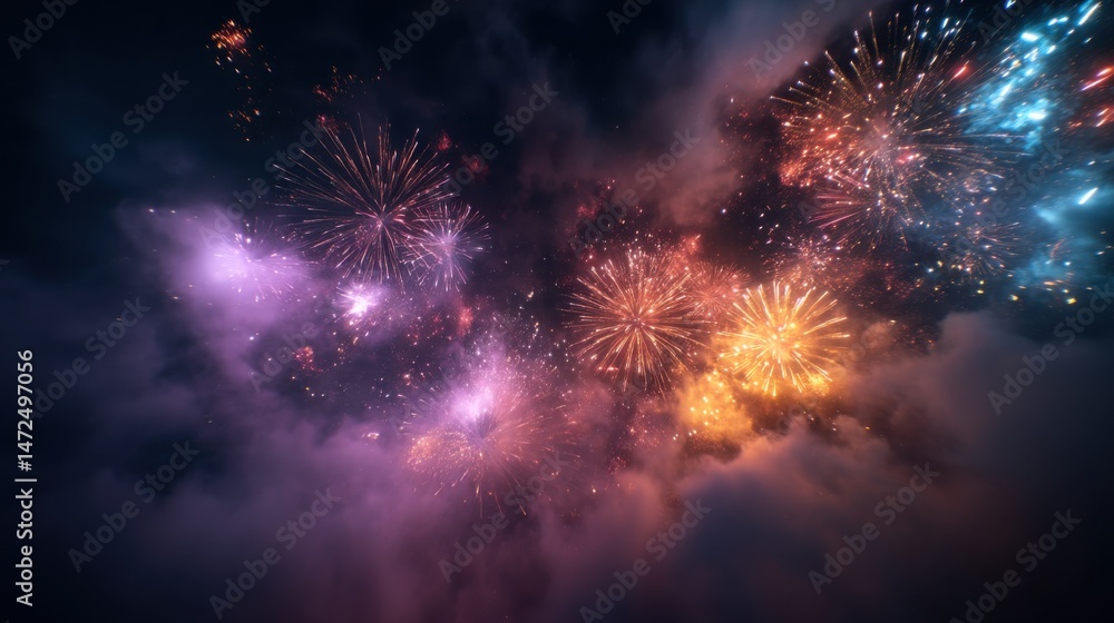 Poster Spectacular fireworks display exploding in the night sky, vibrant colors illuminating dark clouds, creating a magical festive atmosphere. : Generative AI