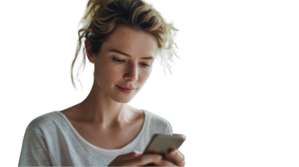 Young woman with freckles using smartphone modern technology casual style attractive female person holding mobile device on transparent background app