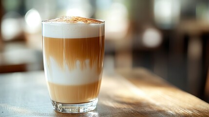 A beautifully layered latte in a clear glass, showcasing creamy milk topped with a rich coffee layer and a frothy foam crown, served on a wooden table in a cozy caf&eacute; setting with soft natural lighting