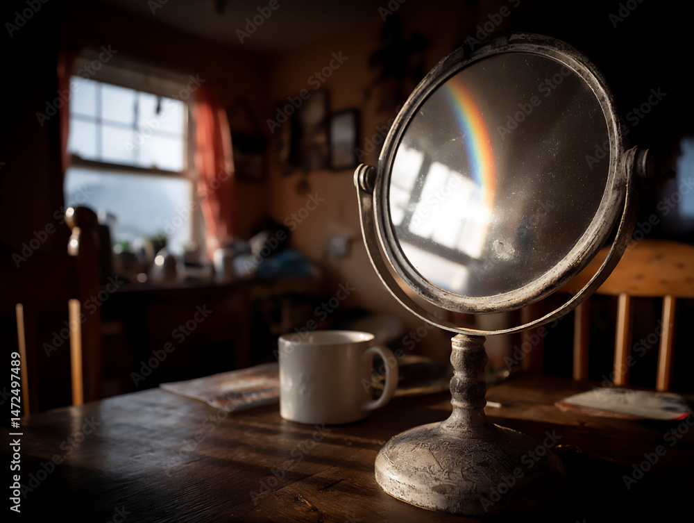 Poster a close-up photograph of a tabletop mirror reflecting a blurred and colorful abstract painting on th