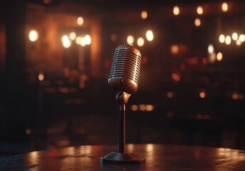 Vintage microphone on a dark wooden table in a dimly lit bar, warm lighting, bokeh background, suggesting a music venue or speakeasy. : Generative AI