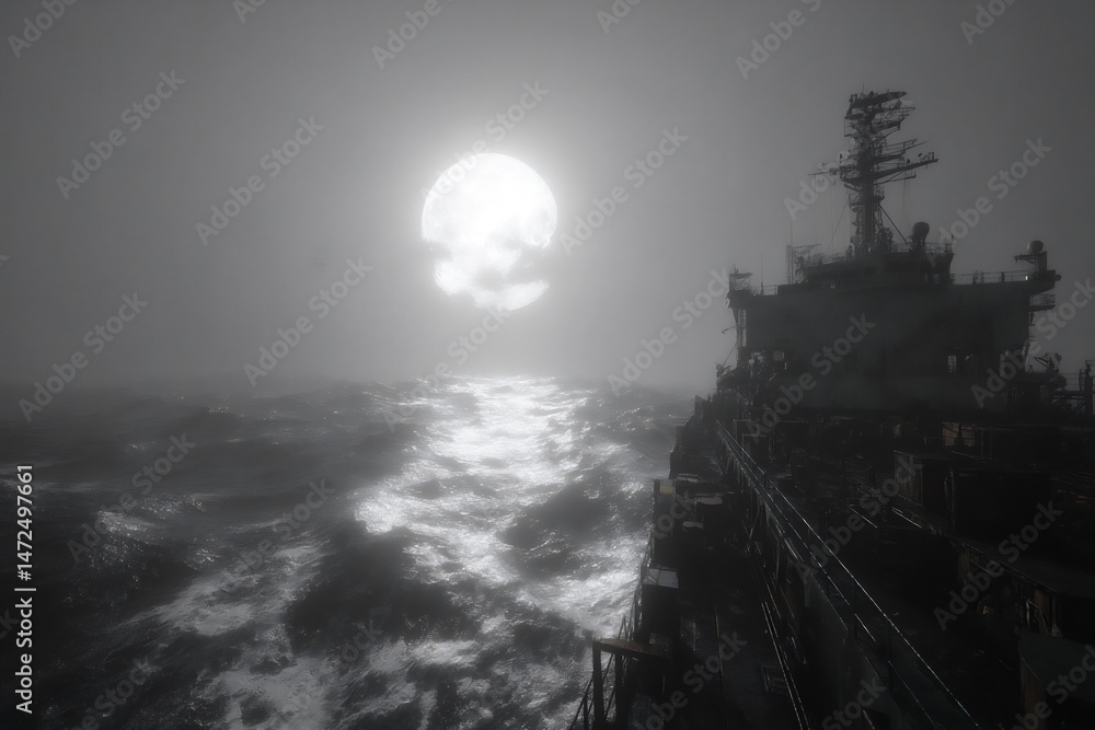 Poster a monochromatic 3d rendering focusing on the texture of a container ship's hull and the rippled surf