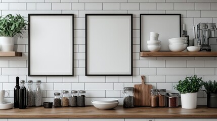 Blank frames in kitchen with spices and utensils on shelves and counter