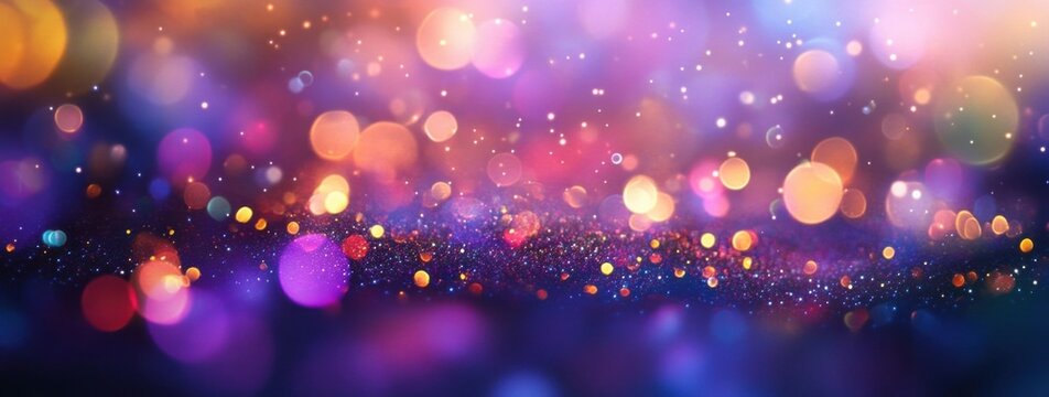 Vibrant bokeh lights and glitter create a dazzling festive backdrop, perfect for celebratory designs or glamorous presentations.  The image features a rich blend of purple, pink, orang : Generative AI