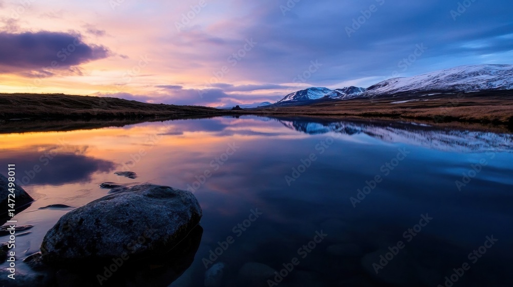 Poster serene sunset reflection over a calm lake, mirroring snow-capped mountains and a vibrant, colorful s