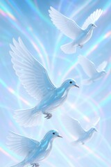 Obraz premium Digital Peace Doves Flying with Holographic Effects and Shimmering Sky
