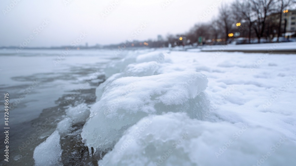 Poster Close-up view of snow-covered ice chunks along a frozen lake shore, with a blurred cityscape in the background on a cold winter day. : Generative AI
