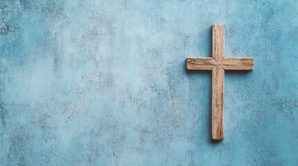 Rustic wooden cross on a textured light blue background, perfect for religious or spiritual themed designs, offering a peaceful and contemplative mood. : Generative AI