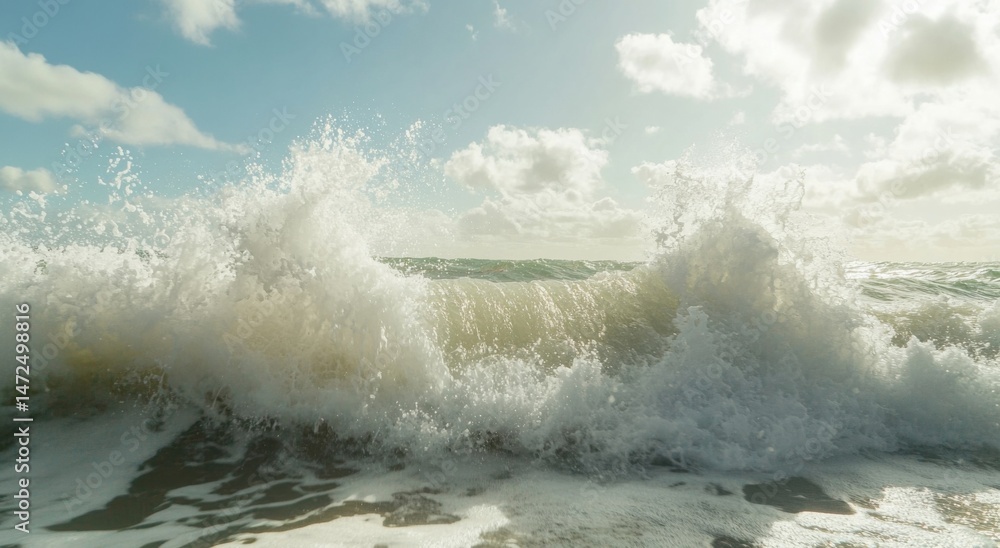 Fototapete Powerful ocean wave crashing on the beach, creating a dramatic display of white foam and spray under a bright, sunny sky with fluffy clouds. : Generative AI