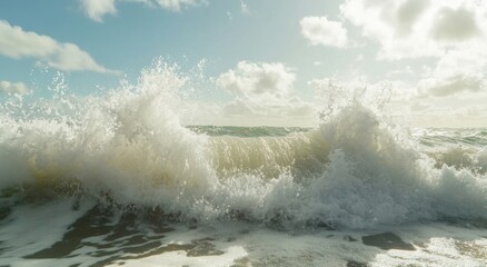 Powerful ocean wave crashing on the beach, creating a dramatic display of white foam and spray under a bright, sunny sky with fluffy clouds. : Generative AI