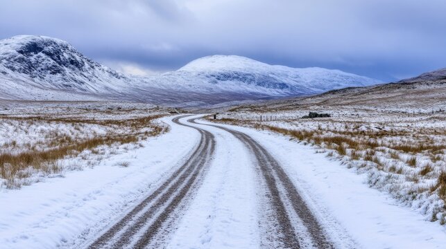 A winding snow-covered road leads towards majestic, snow-capped mountains under a dramatic, cloudy sky in a remote, wintry landscape. : Generative AI - Powered by Adobe