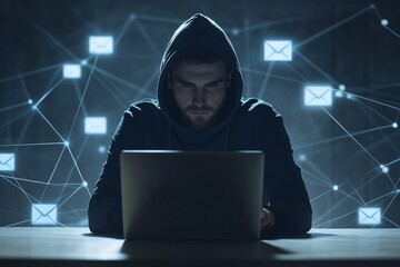 A hooded figure working on a laptop, email symbols and connections