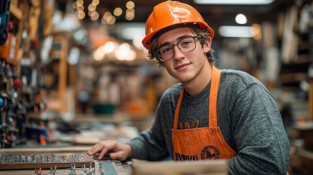 Teen smiles, wearing hard hat, glasses. Workshop background with tools and hardware in a busy environment