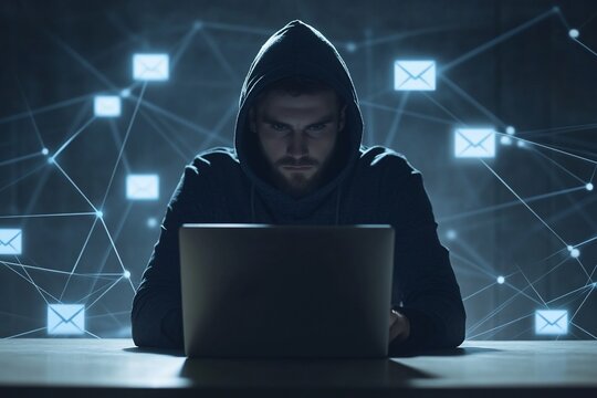 A hooded figure working on a laptop, email symbols and connections