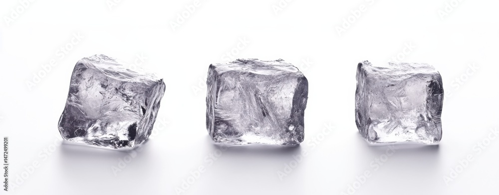 Poster Three translucent ice cubes, positioned in a row against a stark white background, showcase their crystalline structure and icy texture. : Generative AI