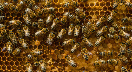 Honeycomb Close Up Bees Working on Honeycomb Filled Honey with Golden Cells Structure