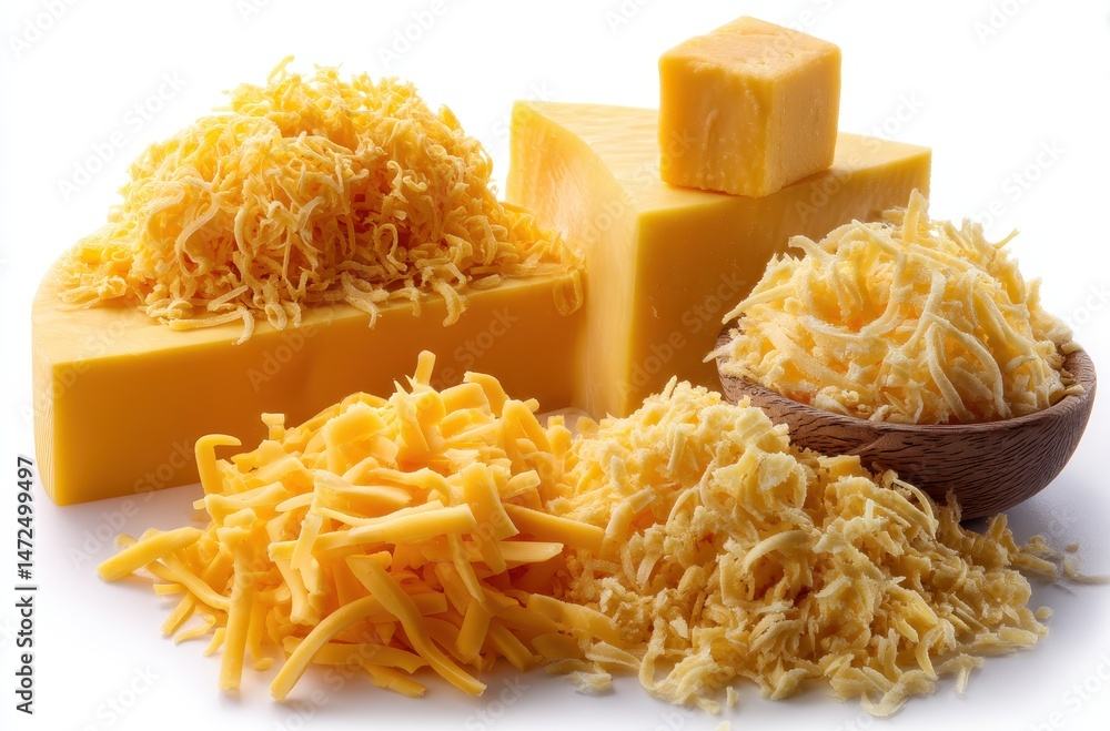 Poster assorted yellow cheeses and shredded cheese in various forms displayed on white background for culin