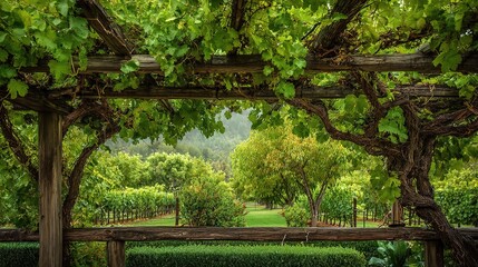 Naklejka premium Lush Green Vineyard Vines Over Trellis in Scenic Landscape View