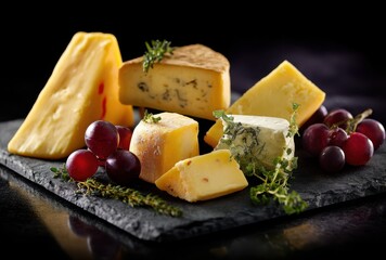 Assortment of Artisanal Cheeses with Fresh Grapes and Herbs on a Slate Board Perfect for Gourmet Food Presentation and Culinary Photography