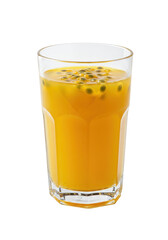 A yellow passion fruit drink in a glass. Seeds float at the top. Sweet, refreshing look